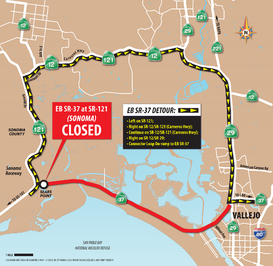 Map of Eastbound Stat Route 37 closure and detour route for 5-16-2024