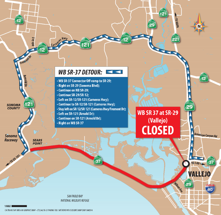 Map of Westbound State Route 37 closure and detour route for 5-16-2024