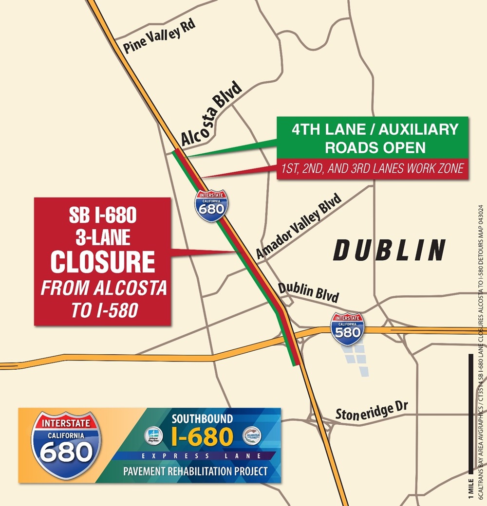 Map of Southbound I-680 3 lane closure from Alcosta to I-580