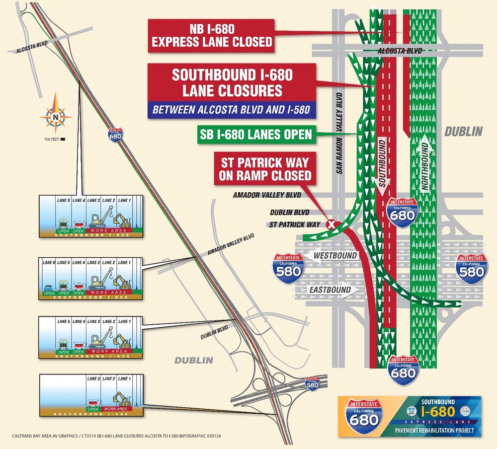 Map of Southbound I-680 3 lane closure from Alcosta to I-580 at St Patrick Way on ramp