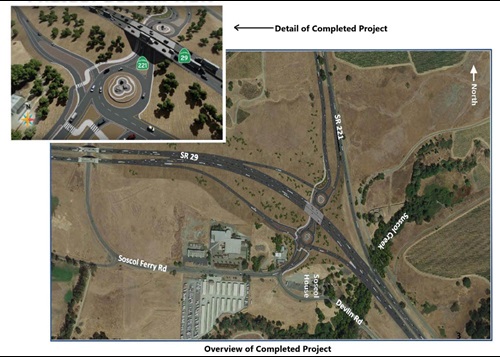 Overview photo of completed Napa County Soscal Junction Project roundabout