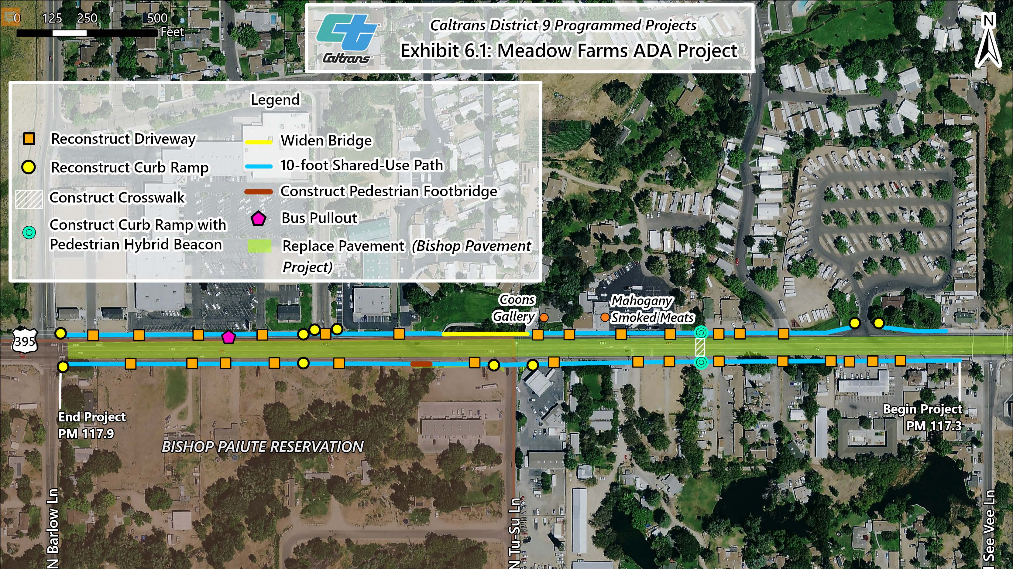 Map that shows where features will be placed during the Meadow Farms ADA Project.