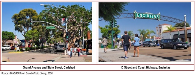 This side to side images show Grand Avenue and State Street in Carlsbad and D Street and Coast Highway in Encinitas. For more information call (619) 688-6670 or email CT.Public.Information.D11@dot.ca.gov