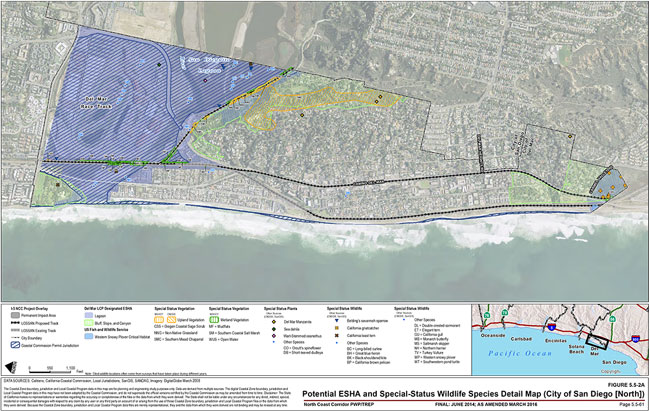Figure 5.5-2A: Potential ESHA and Special-Status Wildlife Species Detail Map (City of San Diego [North]). For more information call (619) 688-6670 or email CT.Public.Information.D11@dot.ca.gov