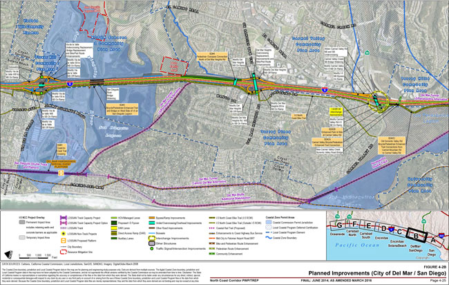 This map shows the I-5 NCC Project Overlay of the Planned Improvements in the City of Del Mar. For more information call (619) 688-6670 or email CT.Public.Information.D11@dot.ca.gov