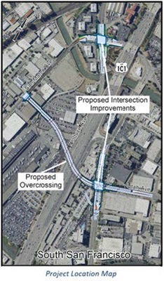 Map showing locations of proposed overcrossing and intersection improvements.
