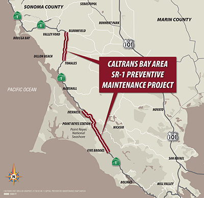 Map showing the location of the Capital Preventive Maintenance project on State Route 1 in Marin County. The project location is split into two portions: the southern portion is on SR-1 near Point Reyes Station and Olema from the Olema Creek Bridge to north of Cypress Road; the northern portion is near Tomales, from south of Tomales-Petaluma Road to south of Valley Ford Road. 