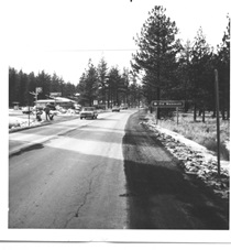 A black and white picture of Old Mammoth Road in 1972.