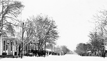 A black and white picture of a street in Lone Pine from the winter of 1911.