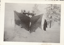 An undated black and white image of an old snowplow used by Caltrans in the 1930s.