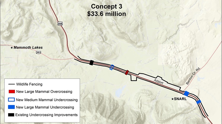 A map showcasing the location of the proposed wildlife crossing under concept 3. Total cost of this project concept is around 33.6 million dollars.