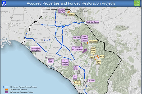 A map of Orange County that shows the land and fund habitat restoration projects created by OCTA's Measure M2 Environmental Mitigation Program.