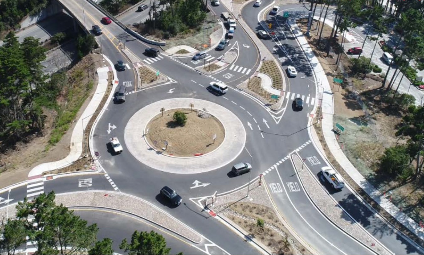 Viewed from above, a multi-lane round-about has multiple entrances and exits.
