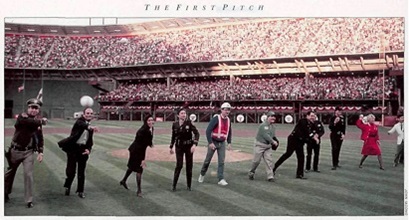 Steve Whipple, center in helmet, throws a ceremonial first pitch before Game 3 of the 1989 World Series.  Photo courtesy of Sports Illustrated