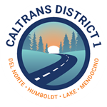 Caltrans District 1 shield. Humboldt; Del Norte; Lake; Mendocino. The sun sets over a road that winds from the foreground to the background. Mountains line each side.
