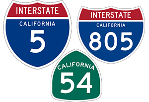 California Interstates 5 and 805, and SR-54 shields