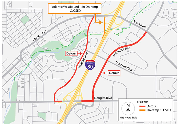 Detour map for the closure of the I-80 westbound on-ramp at Atlantic Street in Roseville. Motorists will take N. Sunrise Ave. or Harding Blvd. to Douglas Blvd. to access I-80 westbound during the ramp closure.