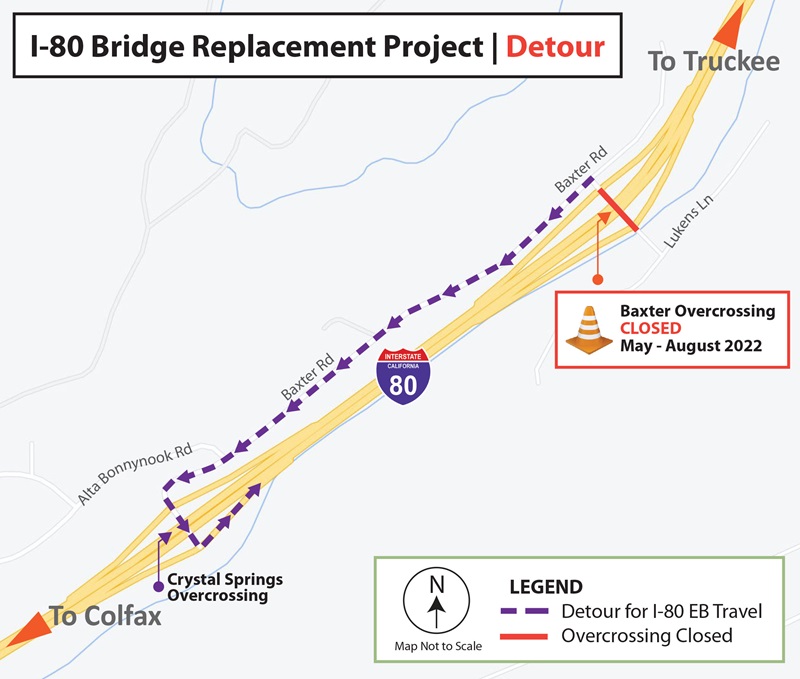 Detour map for the closure of the Baxter Road Overcrossing on I-80. Local traffic wishing to access I-80 eastbound should take Baxter Road to the Crystal Springs Overcrossing and use the eastbound on-ramp for I-80. 