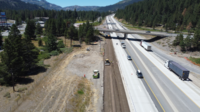 A drone photo shows widening work along the eastbound shoulder of I-80 in Truckee, which will become an acceleration lane to improve safe vehicle merging onto the interstate. 