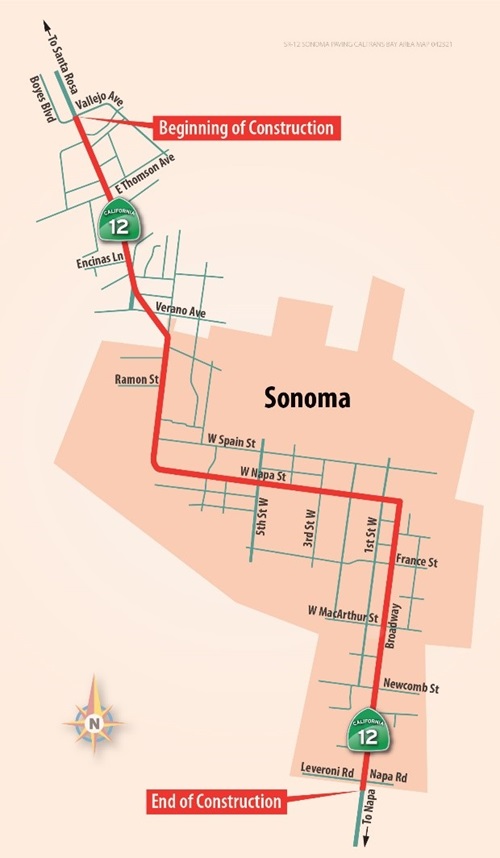 Caltrans Begins Paving and Sidewalk Upgrade Project In City of Sonoma map
