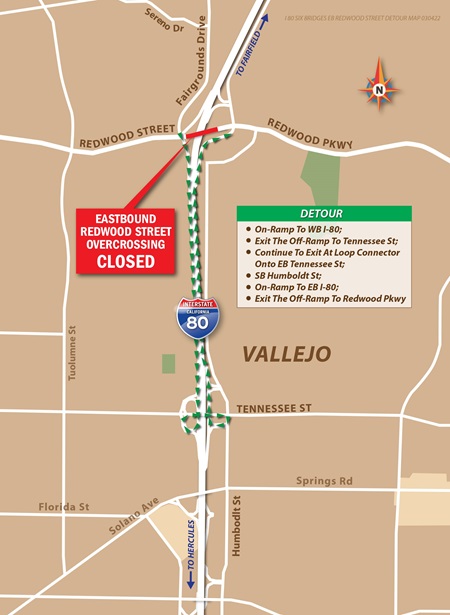 Map of Route of Eastbound Detour for Redwood Street Overcrossing Closure