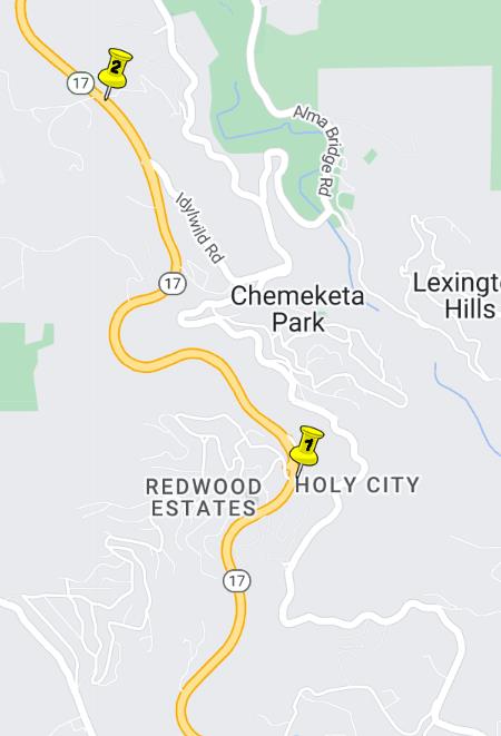 Map showing the location of the daytime lane closure of Northbound Highway 17 (HWY-17) from Madrone Drive to Hebard Way, in Redwood Estates, Santa Clara County.