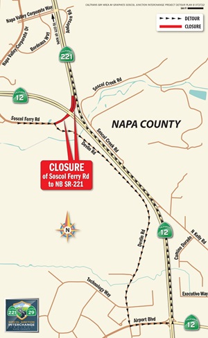 Map showing closure of Soscol Ferry Road to SR-29 near Napa beginning December 13, 2022.