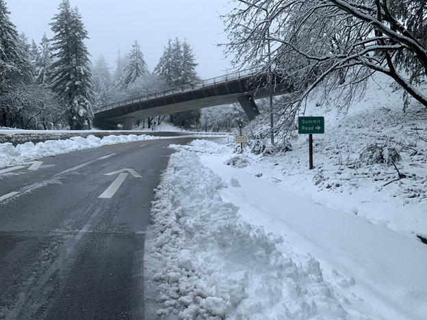 Photo of SR-17 near Summit Road in Santa Clara County showing the snow on the ground. Caltrans photo taken on February 24, 2023.