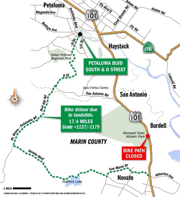 Map showing the bicycle detour route utilizing Novato Blvd and Pt. Reyes/Petaluma Road to get around the closure of Redwood Blvd in Marin County.