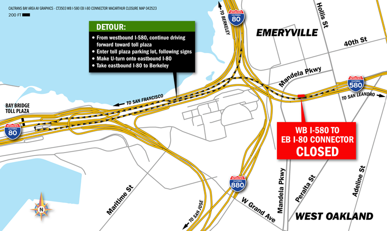 Map showing  the detour route for the westbound I-580/eastbound I-80 interchange closure. From westbound I-580, continue driving forward toward toll plaza. Enter toll plaza parking lot, following signs. Make U-turn onto eastbound I-80. Take eastbound I-80 to Berkeley.