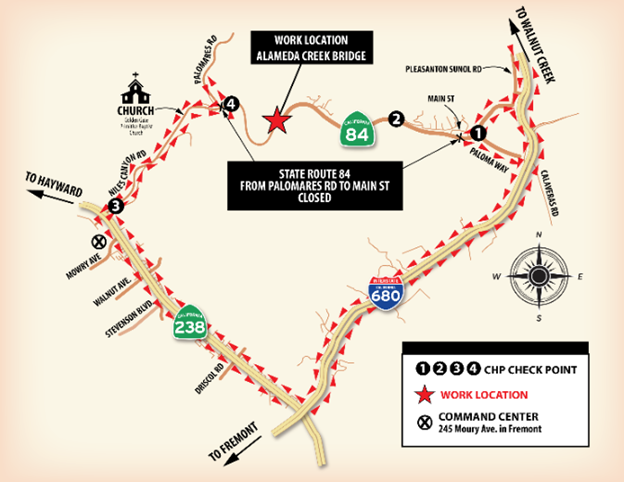 Map showing the detour routes available during the full closure of State Route 84 in Niles Canyon between Palomares Road in Fremont to Main Street in Sunol.