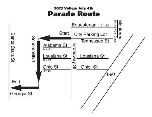 Map showing the route of the July 4th parade in Vallejo. This will result in closures of State Route 29 between Georgia Street and Garford Alley.