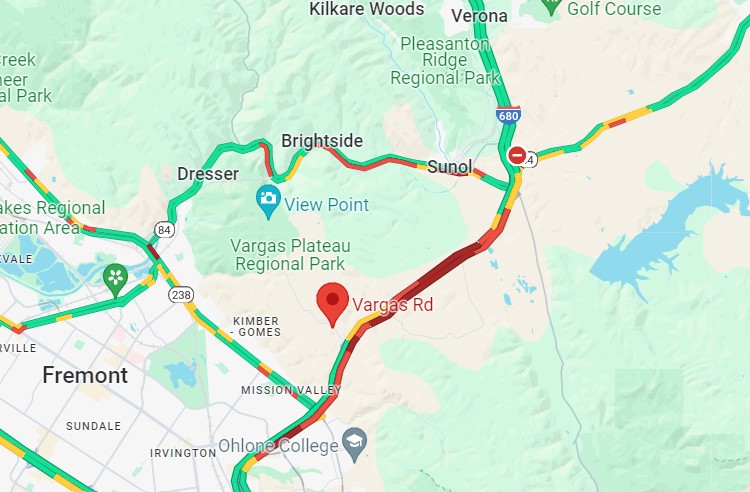 Map showing the location of where Caltrans has temporarily closed one lane on southbound Interstate 680 in the vicinity of Vargas Road in Fremont on December 8, 2023 to repair deteriorated pavement. 