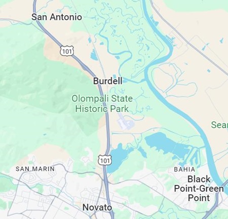 Map showing US-101 north of Novato and near Olompali State Historical Park in Marin County.
