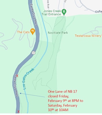 Map showing the location of overnight lane closure on northbound State Route 17(SR-17), north of Alma Bridge, in Los Gatos, Santa Clara County. 