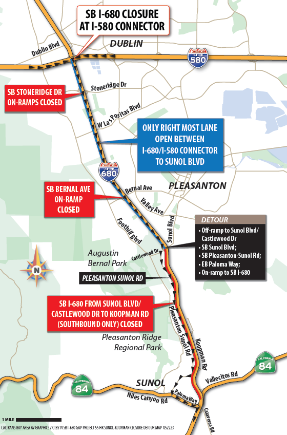 Map of the detour route for the closure of southbound 680. For 680 South Trafﬁc: Off-ramp to Sunol Blvd/Castlewood Dr. SB Sunol Blvd. SB Pleasanton-Sunol Rd. EB Paloma Way. On-ramp to SB I-680