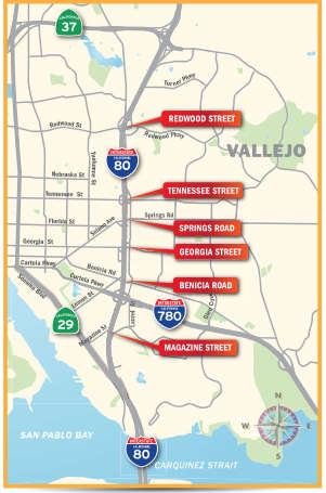 Map of the i80 corridor in Vallejo with red arrows pointing to exits at the following locations: Redwood Street, Tennessee Street, Springs Road, Georgia Street, Benicia Road, and Magazine Street.