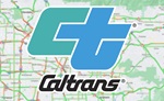 The "CT" logo and "Caltrans" logotype superimposed over a map with California freeway routes in the background. 