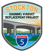 A logo of the Stockton Channel Viaduct Replacement Project. Logo include the Interstate 5 bridge over a river and the Interstate 5 freeway sign.