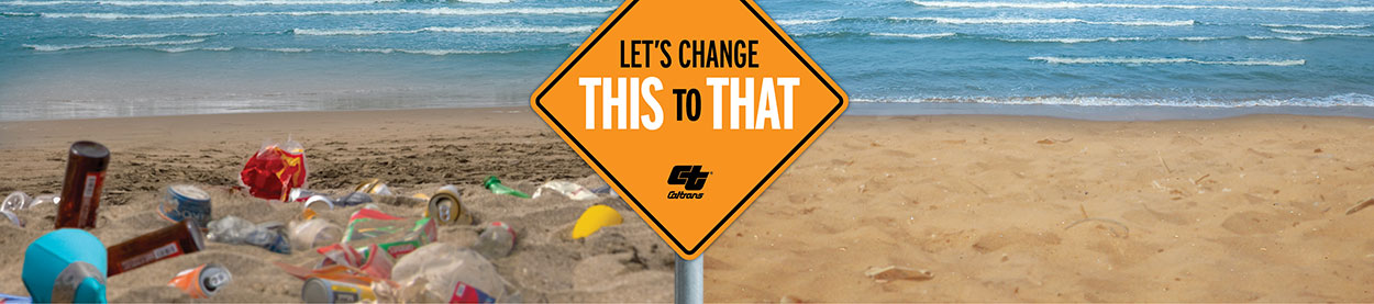 Let's Change This To That - stormwater pollution reduction campaign - image of a San Diego beach with litter removal before and after