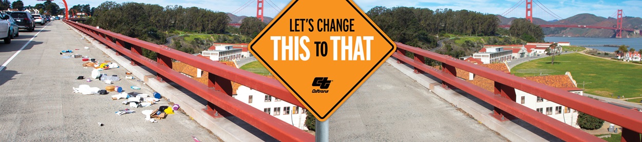 Let's Change This To That - stormwater pollution reduction campaign - image of approach to Golden Gate Bridge with litter removal before and after