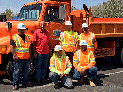 A California Highway Patrol captain commended Caltrans Barstow Maintenance Crew (from left to right) Angel Flores, Superintendent Gary Cranford, and crewmembers Everett Reed, Gilbert Moreno, Steve Corlew and Omar Galvan, for their daily diligence, care and excellence.