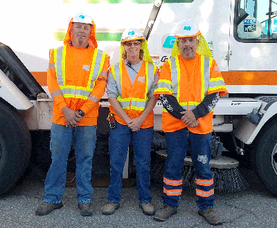 From left to right, Caltrans Equipment Operator II’s Shawnn Ege, Cherie Hallack and Daniel Ferch were commended for an excellent job sweeping and cleaning Interstate 15 in Victorville.