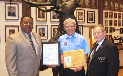 From left to right: Caltrans Maintenance Supervisor Alfred Lang, Adopt-A-Highway volunteer Don C. Becker and Elks Lodge Exalted Ruler Mike Mahneke honor Becker’s service.