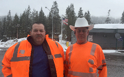 (Left to Right) Kingvale Maintenance Supervisor Dave McIntire and Leadworker Randy Klar helped the Kirkland family get over the Donner Pass on Feb. 16 in the snow.