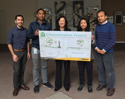 Pictured from left to right: Caltrans Senior Transportation Planner Sergio Ruiz, Construction Resident Engineer Brian Santos, Regional Project Manager Kelly Hirschberg, Transportation Planner Dianne Yee, and Senior Transportation Engineer James Ley received the below thank you letter for improving a bicycle, highway and railroad crossing in the Highway 29 Channelization Project.