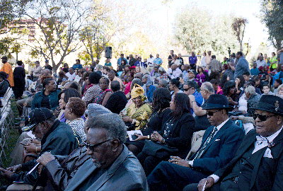 The crowd looks on as the Rosa Parks statue unveiling ceremony unfolds in San Bernardino