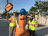 From left to right: Caltrans Associate Transportation Planner Cuong Phu Trinh, Caltrans District 8 Mascot “Cone Kid”, and Rancho Cucamonga city Traffic Engineer Albert Espinoza encouraged and educated Los Amigos Elementary students at their Walk to School Day event.