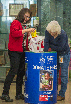 From left to right, Caltrans Resource Analyst Dinah Lee and California Public Records Act Coordinator Marcy Freer put food donations in a Sacramento Food Bank barrel at Headquarters.