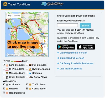 A screen grab from Caltrans' QuickMapp app